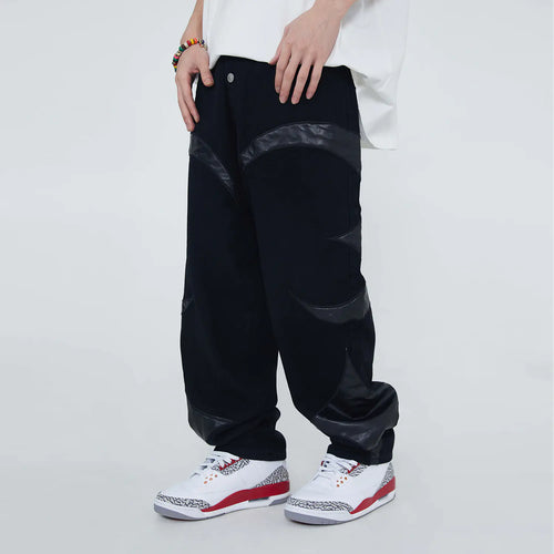 American Retro Men's PU Leather Stitching Jeans