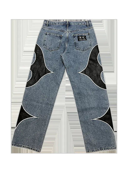 American Retro Men's PU Leather Stitching Jeans