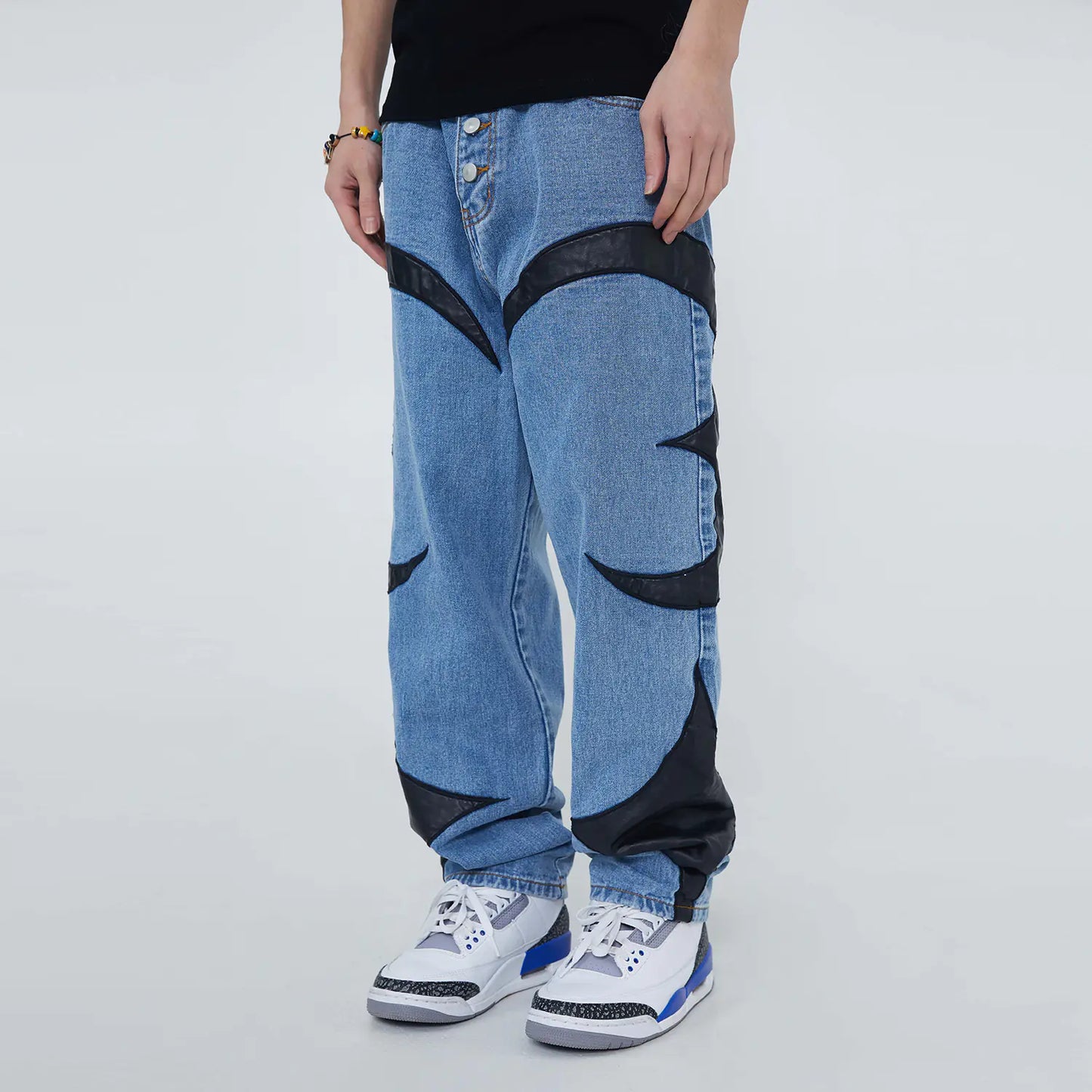 American Retro Men's PU Leather Stitching Jeans