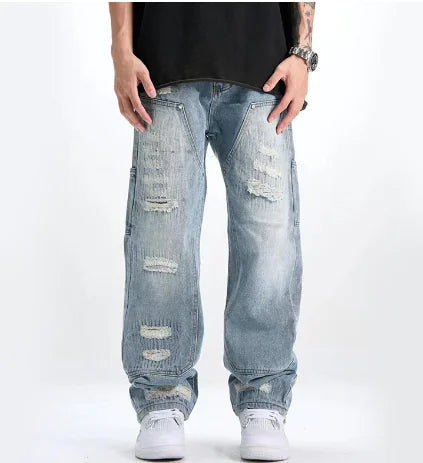 Distressed Retro Light-Colored Jeans with Ripped Edges