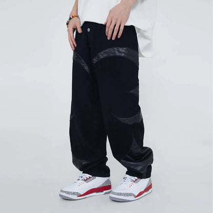 American Retro Men's PU Leather Stitching Jeans